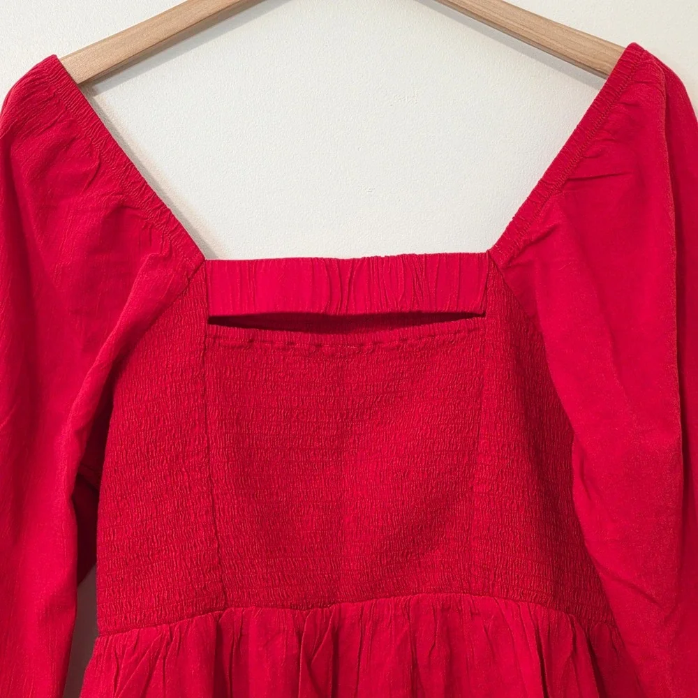 Old Navy Smocked Crepe Top Sz XL Long Puff Sleeve Red Square Neck